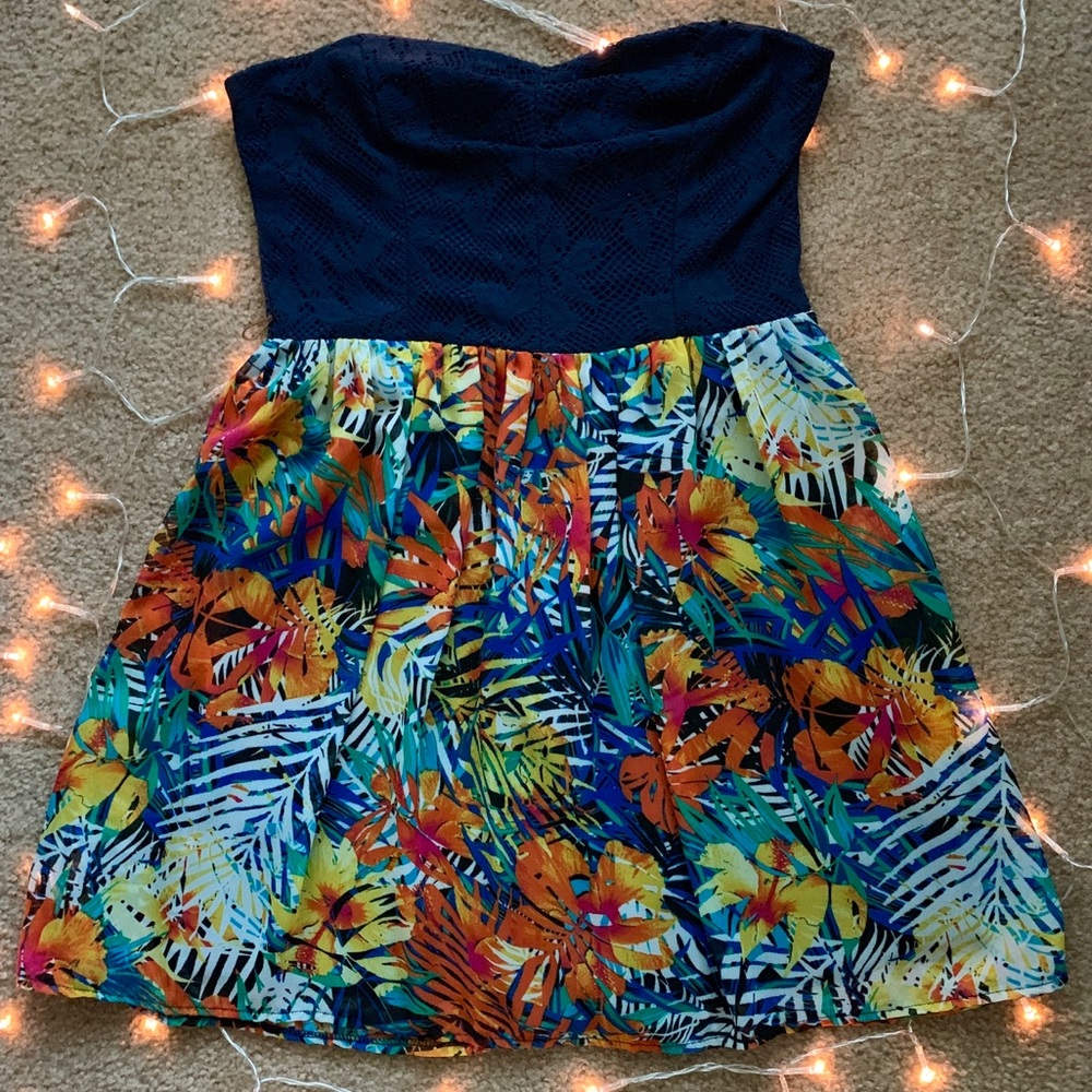 Tropical strapless A-line dress